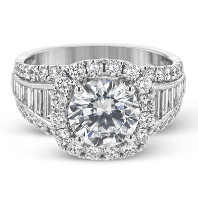 18k White Gold Baguette and Round Halo Engagement Ring Setting - Harby Jewelers