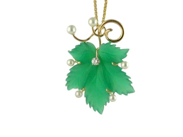 14k Carved Chrysoprase, Diamond and Pearl Pedant