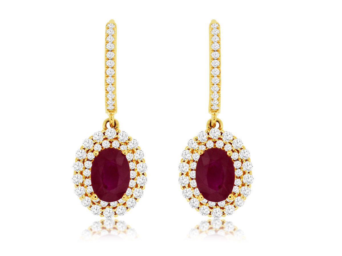 14kt Yellow Gold Oval Ruby and Diamond Dangle Earrings