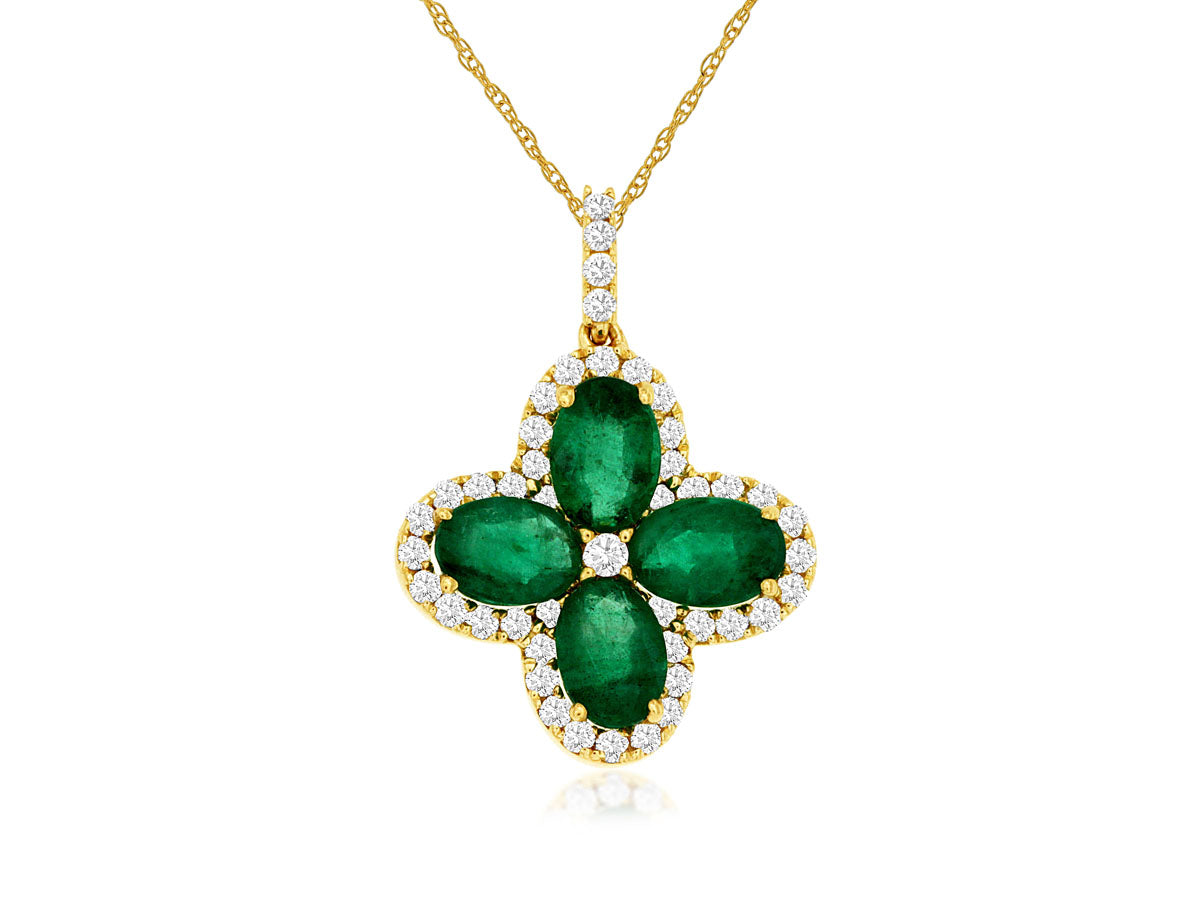 14k Flower Shape Emerald and Diamond Necklace