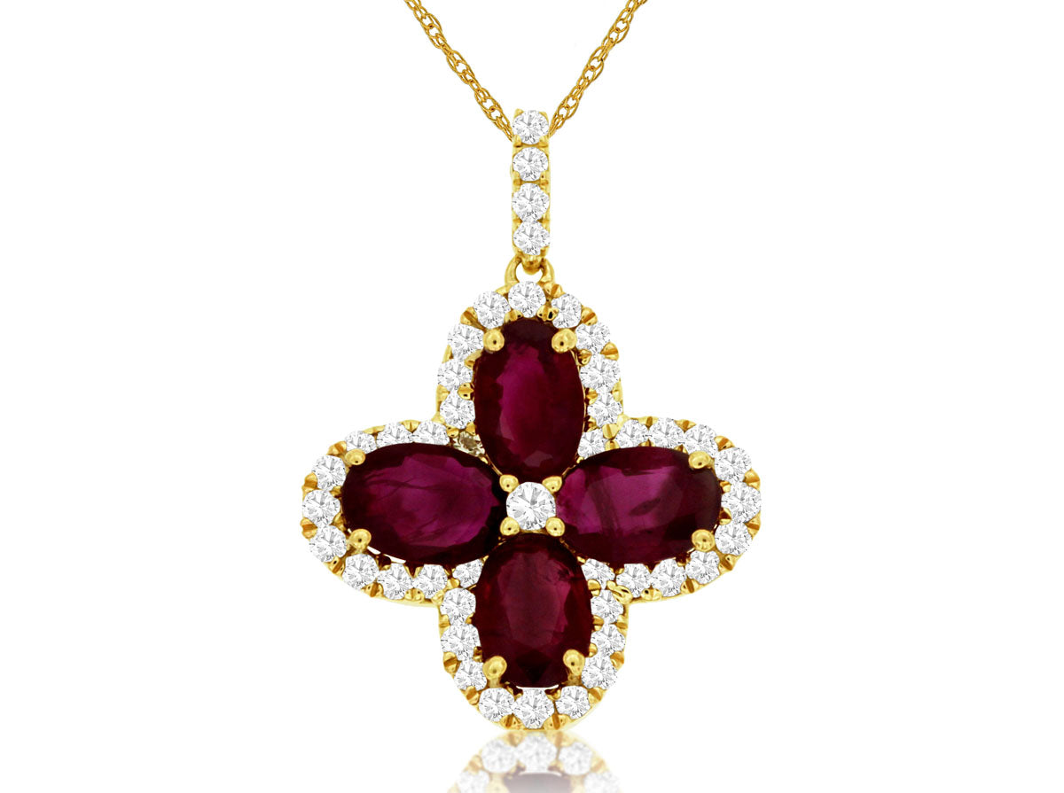 14k Flower Shape Ruby and Diamond Necklace