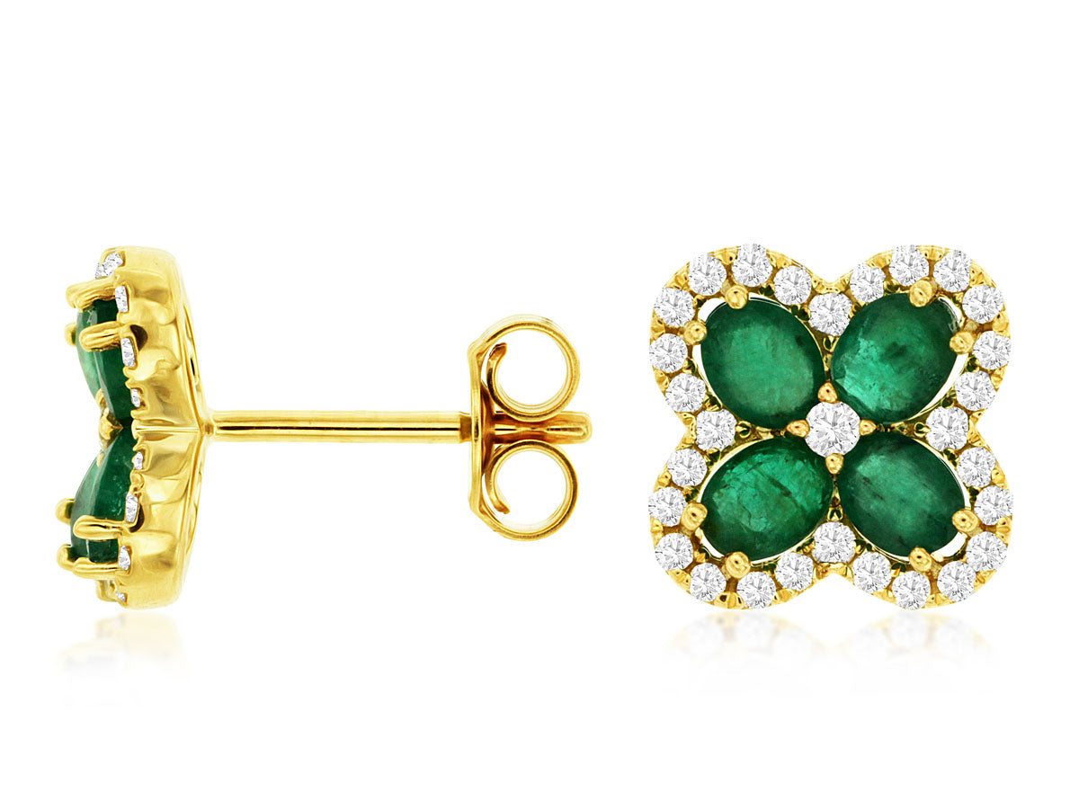 14kt Yellow Gold Emerald and Diamond Clover Shape Earring