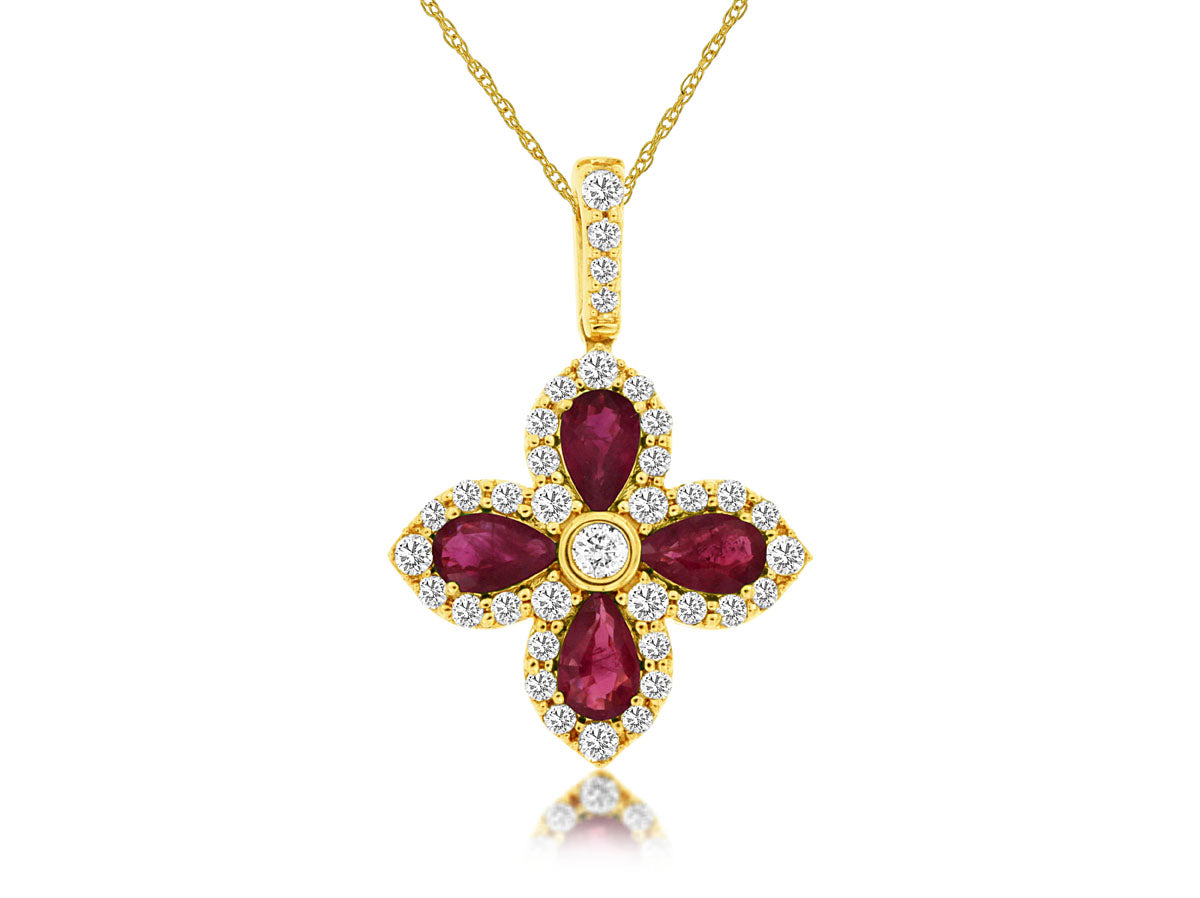 14k Petite Flower Shape Ruby and Diamond Necklace