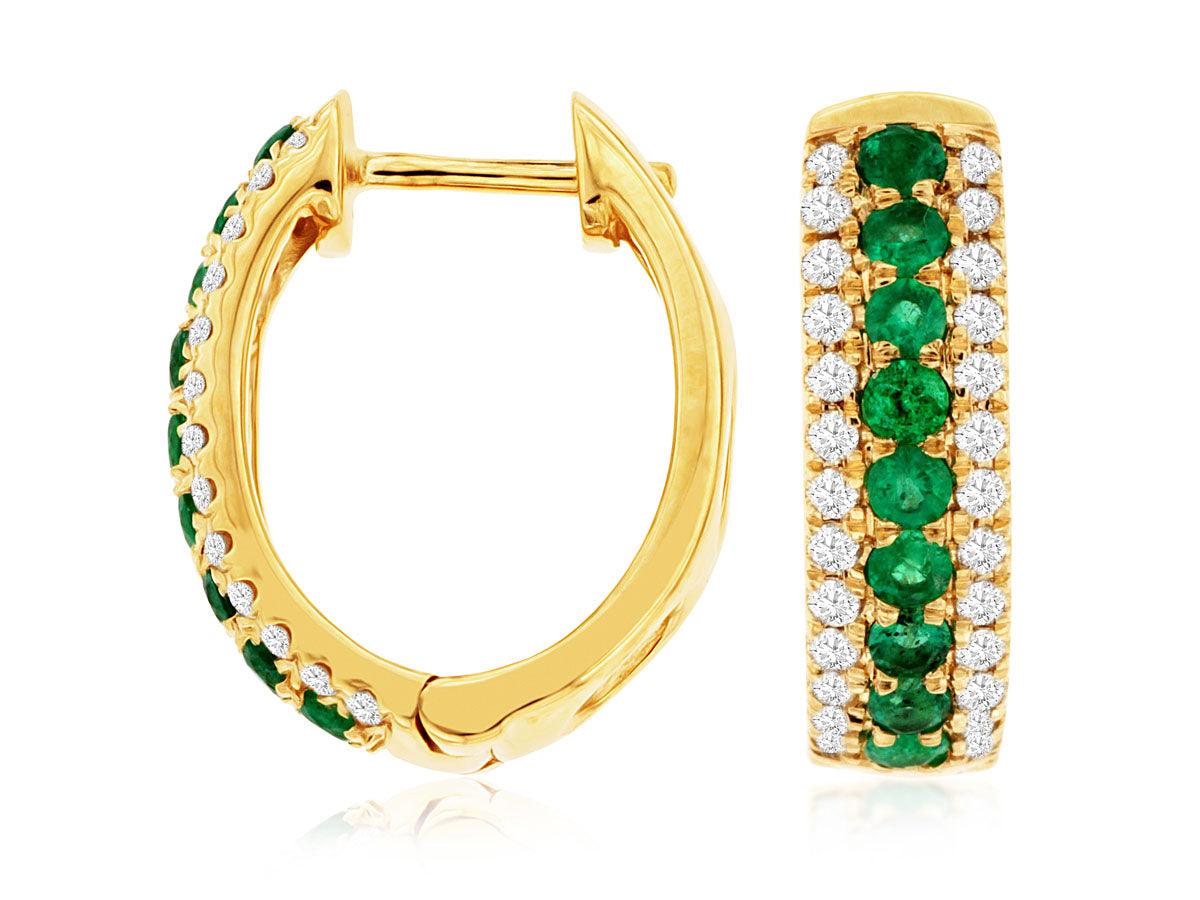 14k Yellow Gold Emerald and Diamond Hoop Earrings