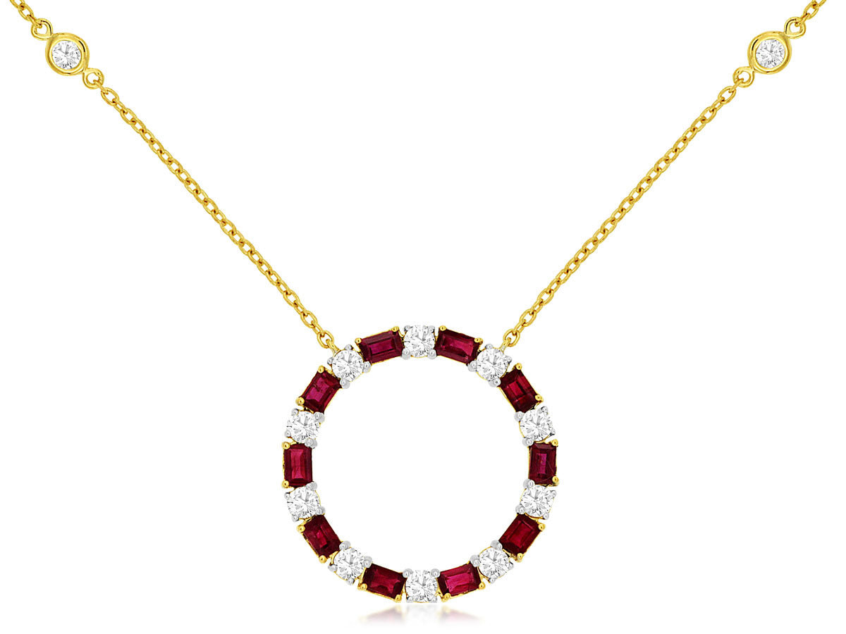14k Yellow Gold Ruby and Diamond Circle Necklace