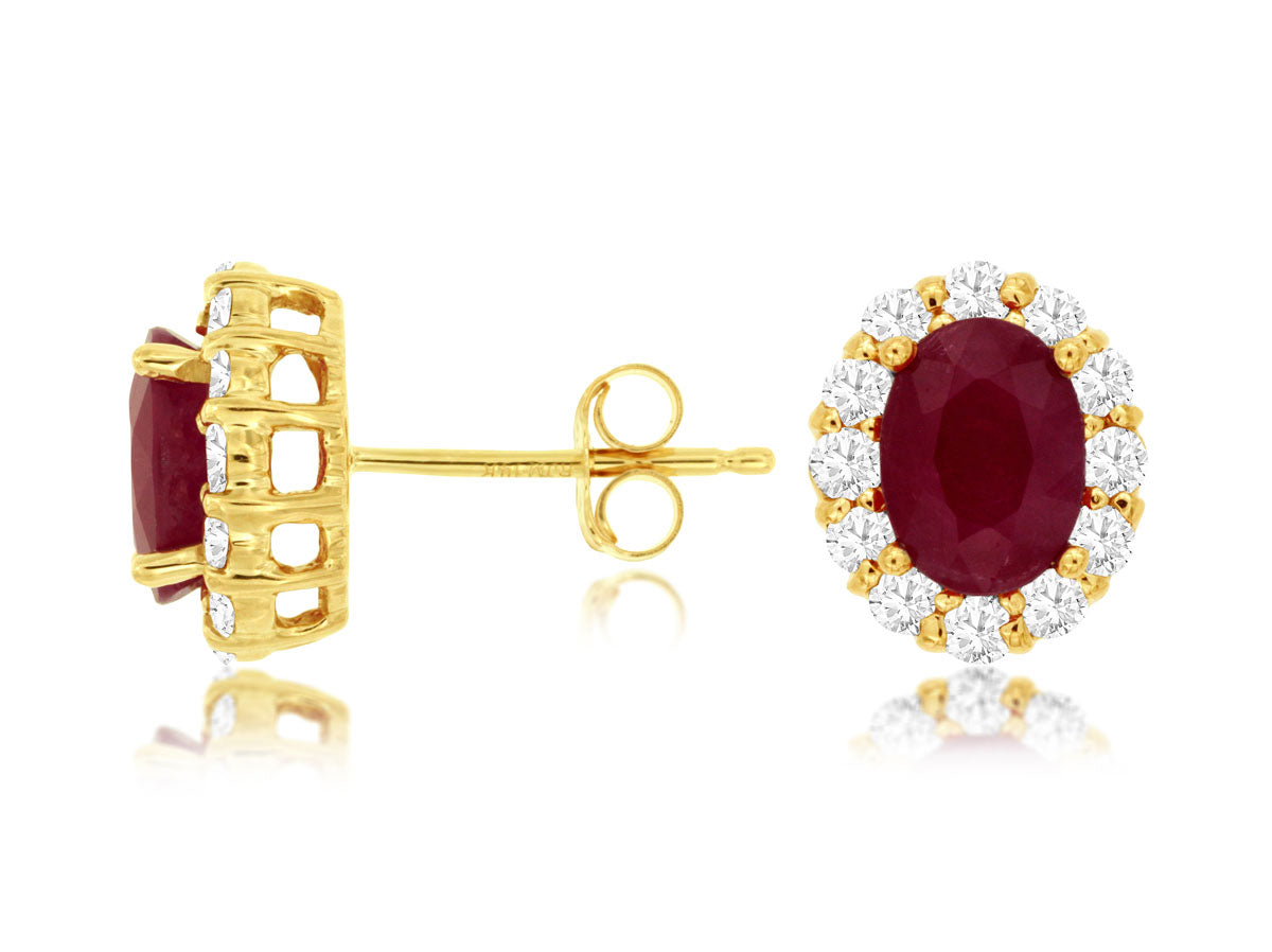 14k Yellow Gold Ruby and Diamond Halo Earrings