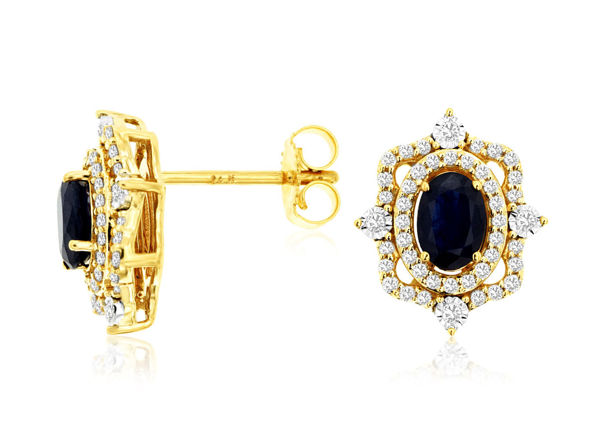 14kt Yellow Gold Oval Sapphire and Diamond Earrings