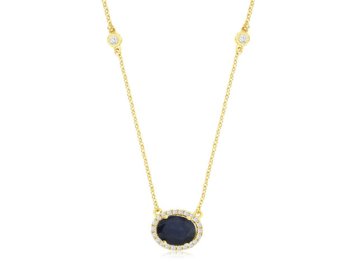 14k Yellow Gold Oval Sapphire and Diamond Necklace
