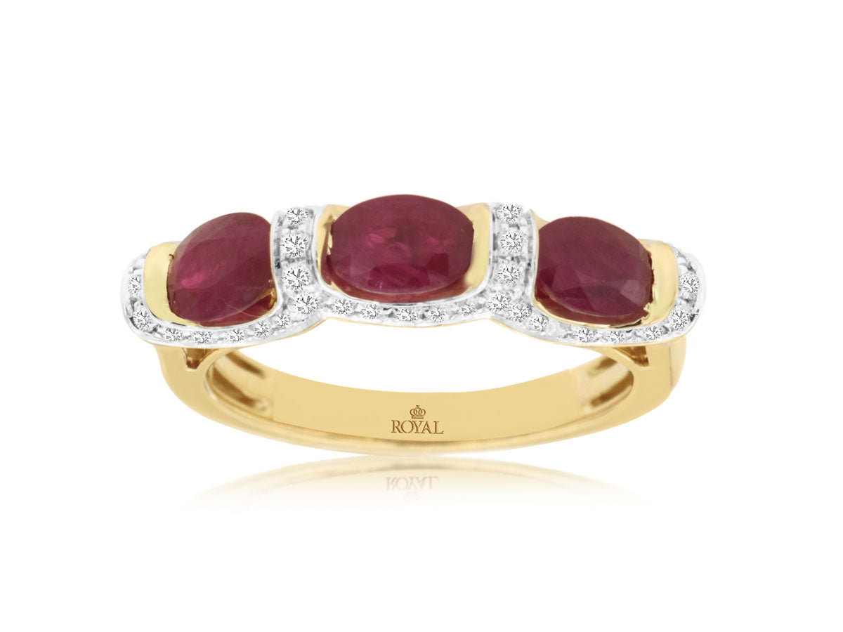 14k Three Stone Ruby and Diamond Ring