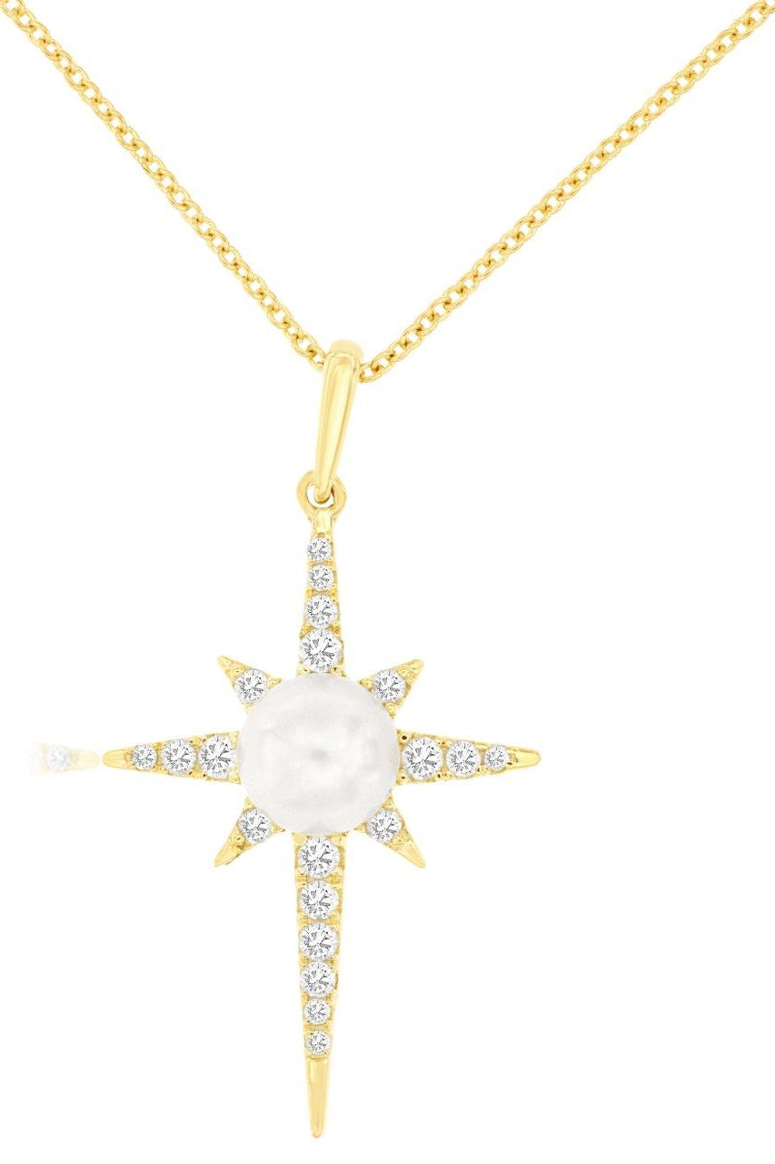 14k Pearl and Diamond Cross Necklace
