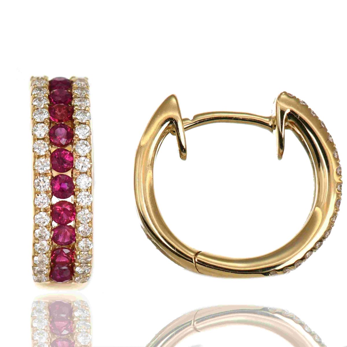 18k Yellow Gold Ruby and Diamond Hoop Earrings