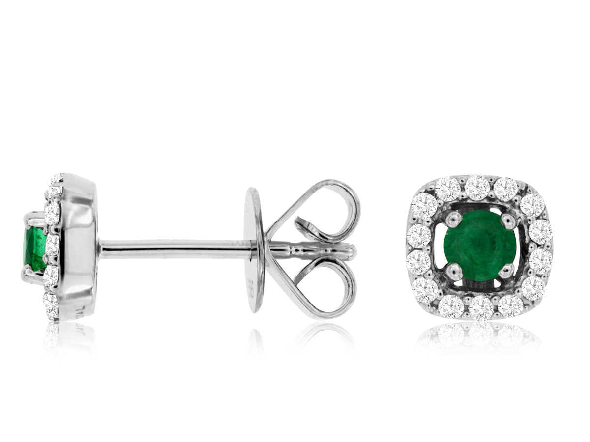 14kt White Gold Emerald and Diamond Halo Stud Earrings