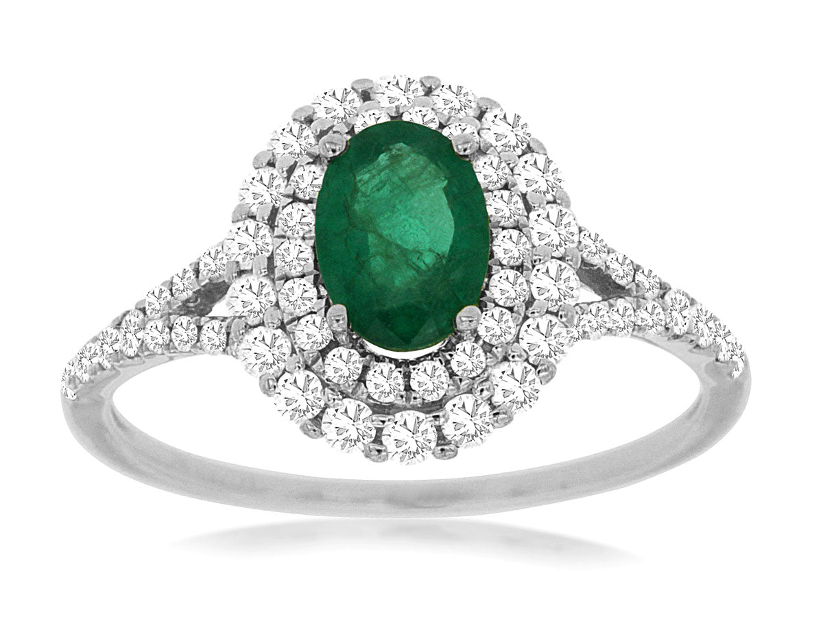 14kt Oval Emerald and Diamond Double Halo Ring