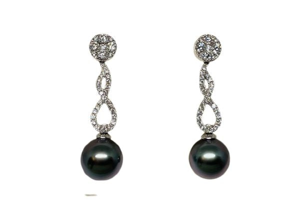 18k White Gold Diamond and Black Tahitian Pearl Earrings