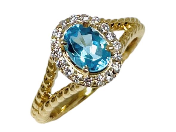 14k Yellow Gold Blue Topaz and Diamond Ring