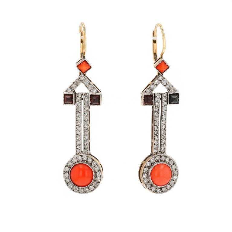 18K and Platinum Coral, Onyx and Diamond Art Deco Earrings