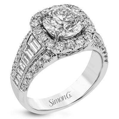 18k White Gold Baguette and Round Halo Engagement Ring Setting - Harby Jewelers