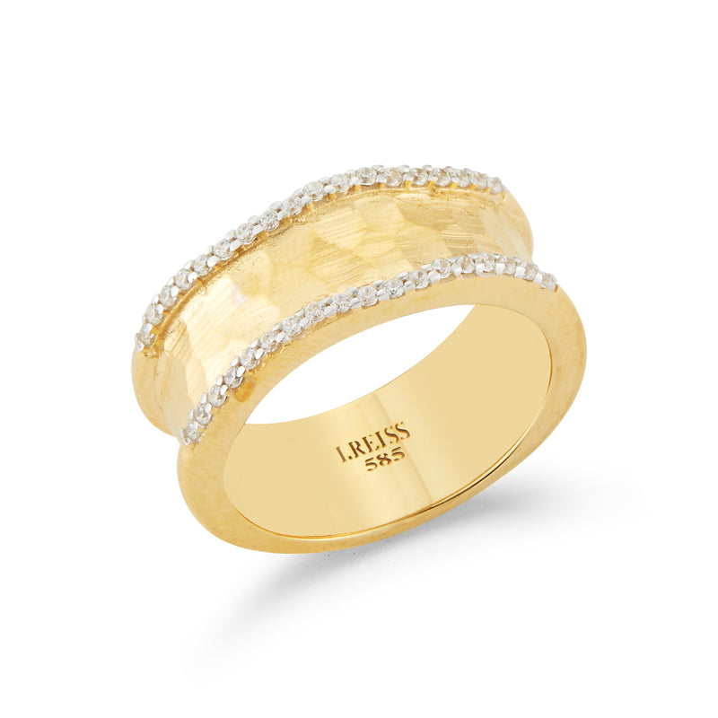 14k Wide Diamond Ring With Hammered Finish