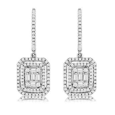 14k White Gold Mosaic Style Baguette and Round Diamond Earrings - Harby Jewelers